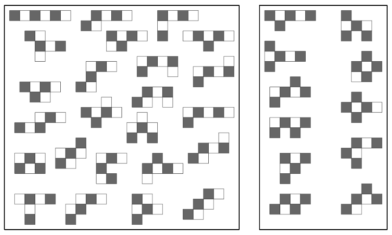 eine Abbildung mit schachbrettartig gefärbten Hexominosteinen