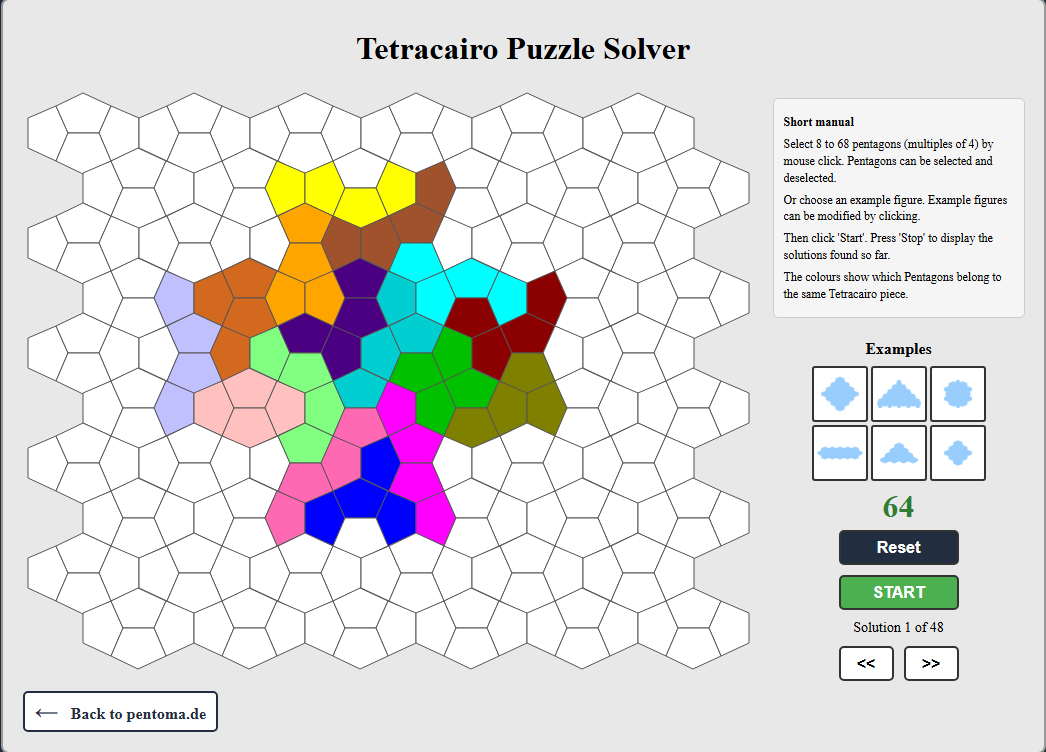 Screenshot of the Tetracairo puzzle solver: A figure filled with colored Tetracairo pieces on a Cairo tiling grid.