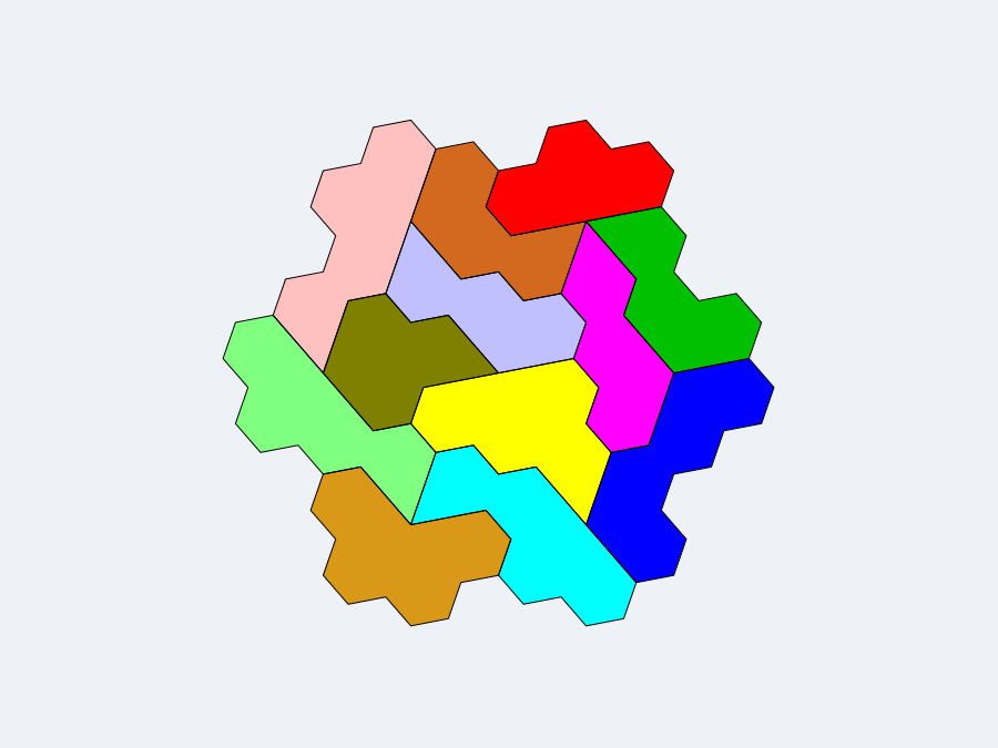 Eine der acht Lösungen des Floret-Puzzles mit unterschiedlich gefärbten Spielsteinen