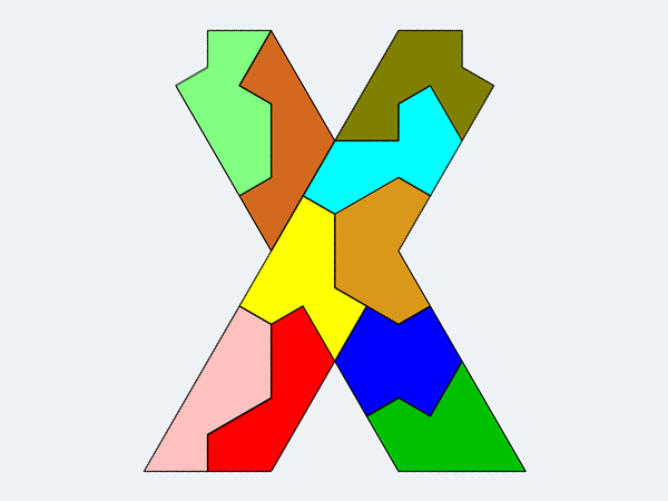Farbige Lösung des X-Puzzles aus allen zehn Waben-Tetrakites